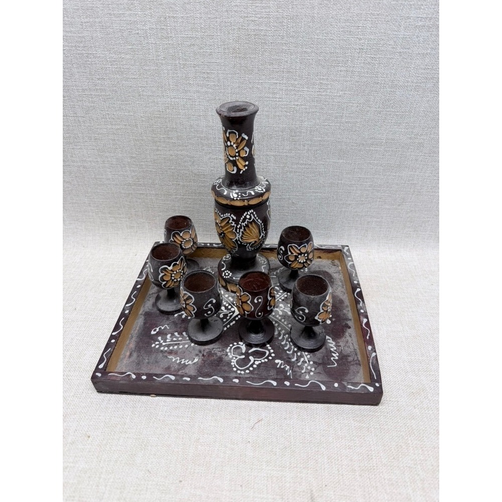 Vintage Hand Painted Carved Wood Decanter Set Tray 6 Goblets Folk Art Barware